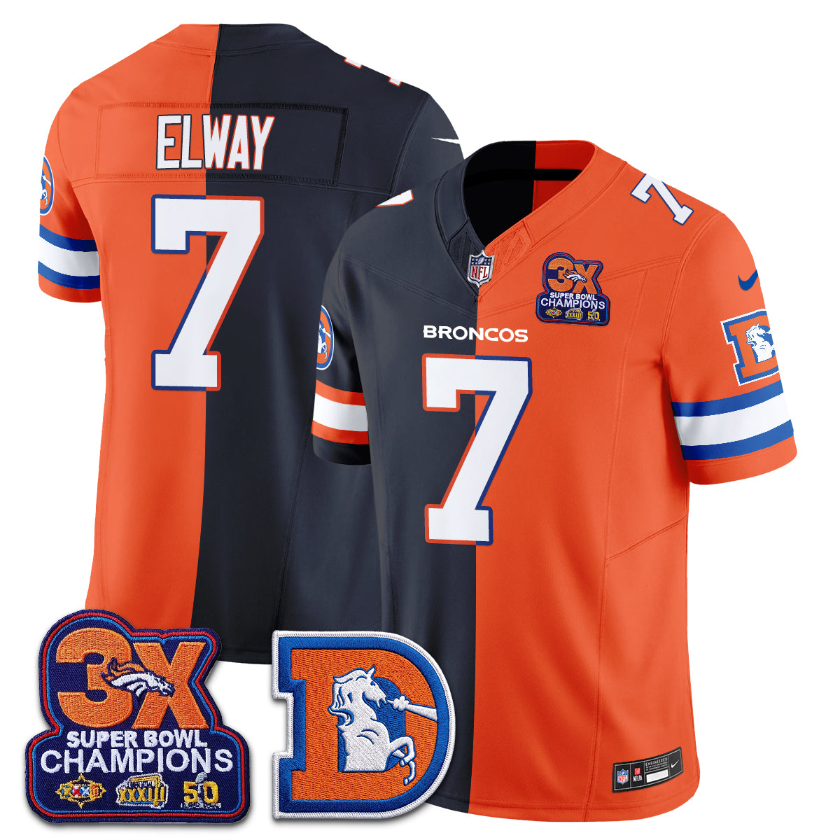 John Elway Denver Broncos Throwback Split Jersey Stitched - Navy Orange