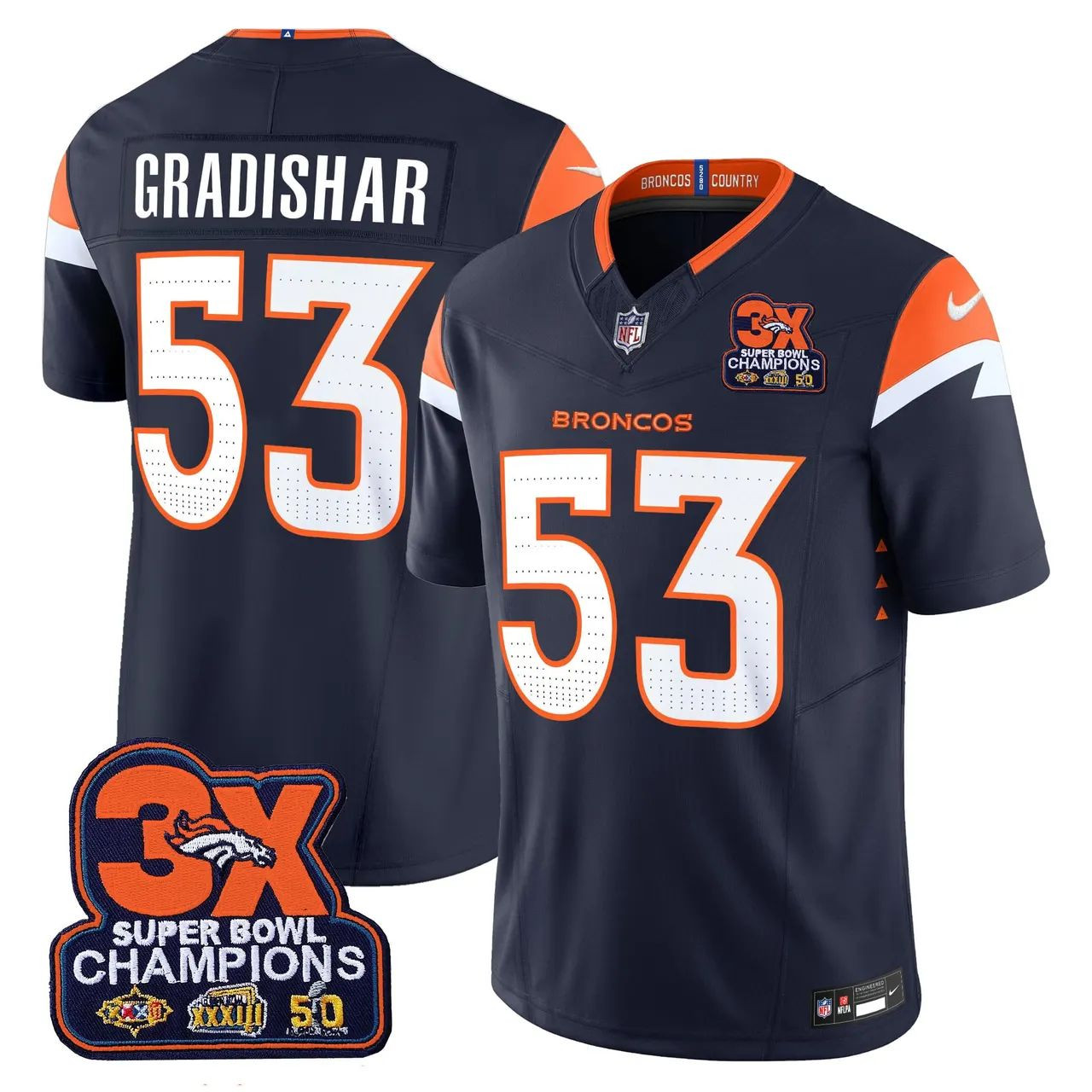 Randy Gradishar Denver Broncos 3-Time Champions Patch Limited Jersey - Navy