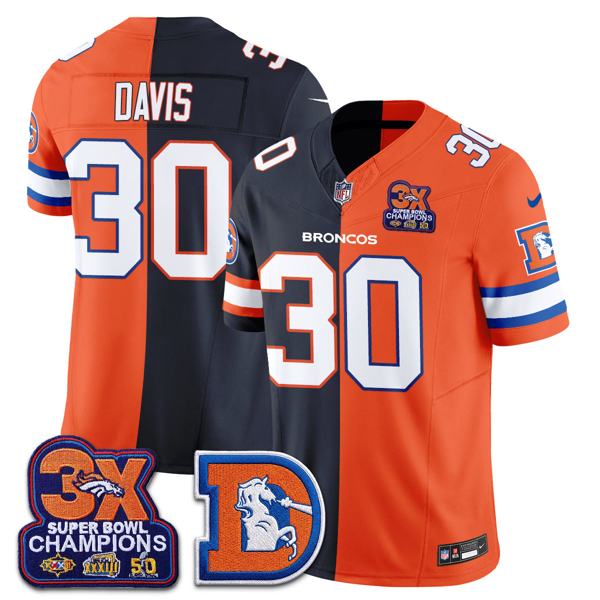 Terrell Davis Denver Broncos Throwback Split Jersey Stitched - Navy Orange